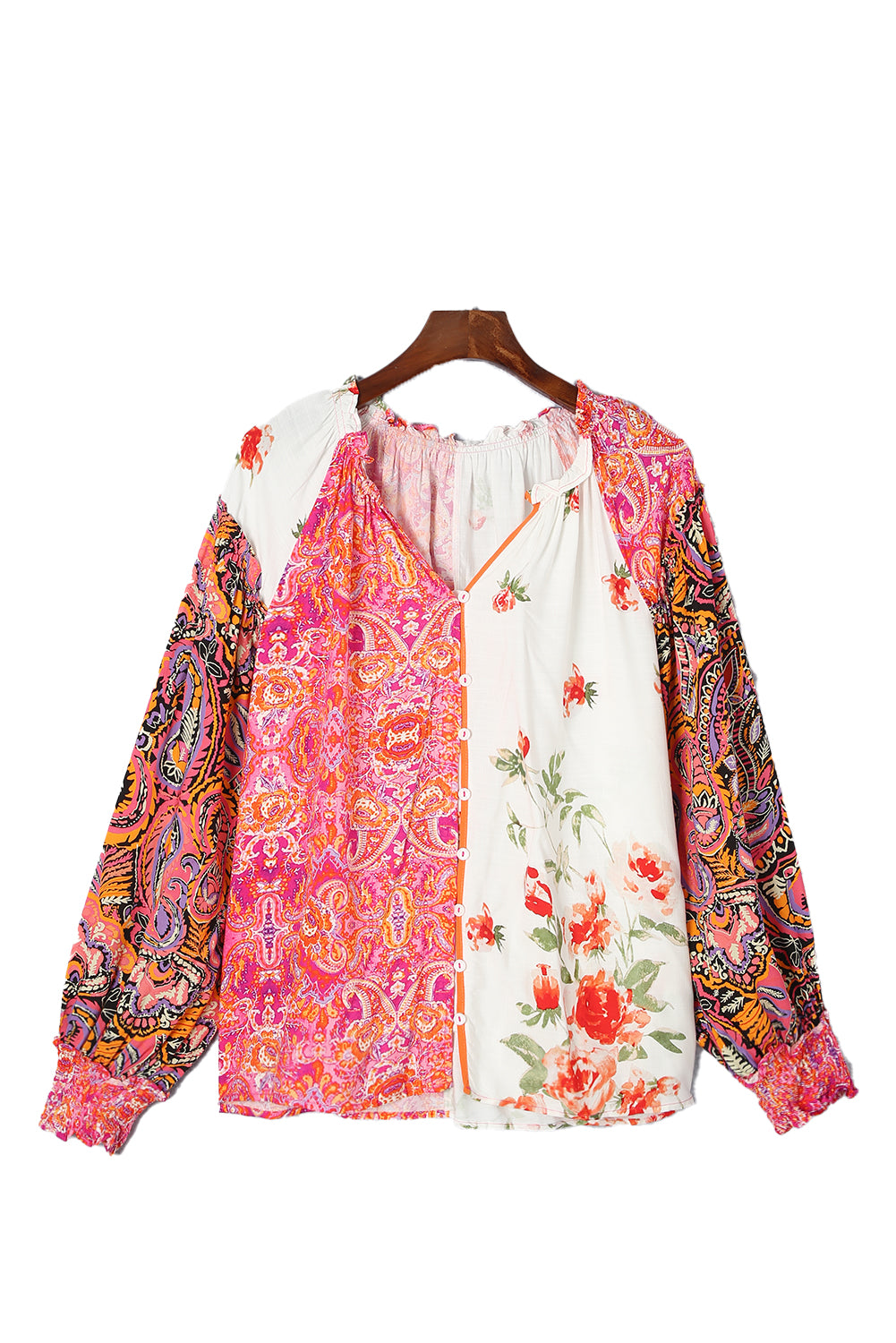 Veelkleurige bloemen patchwork geplooide manchetten geknoopte V-hals blouse