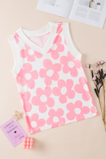 Roze schattige bloem gebreide tanktop met V-hals