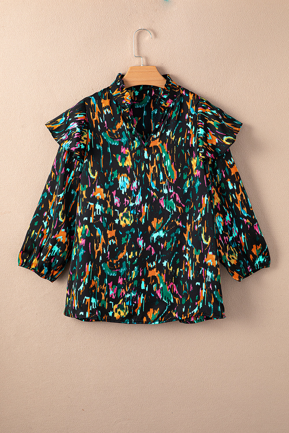 Blouse met veelkleurige abstracte print, 3/4 pofmouwen en ruches