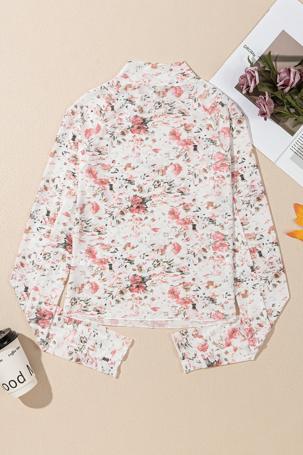 Roze bloemen lange mouwen hoge hals schede mesh blouse