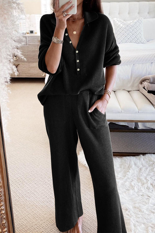 Tenue de détente avec haut et pantalon Henley à col en tricot côtelé noir