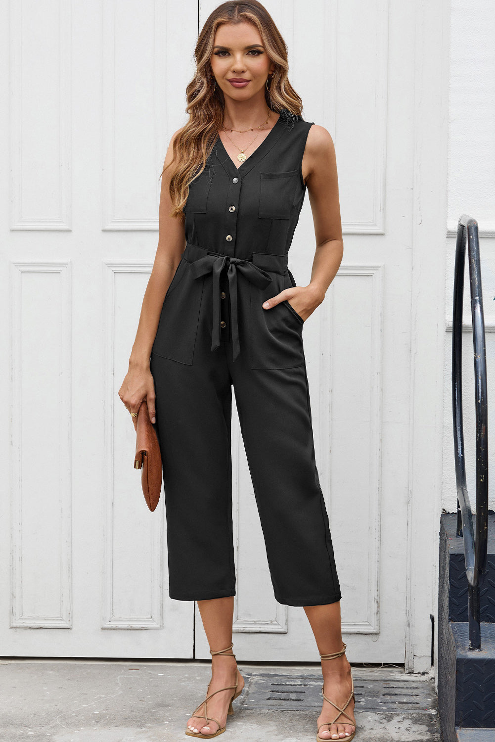 Zwarte geknoopte mouwloze cropped jumpsuit met sjerp