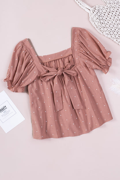 Pink Square Neck Dotted Print Puff Sleeve Blouse with Tie Back