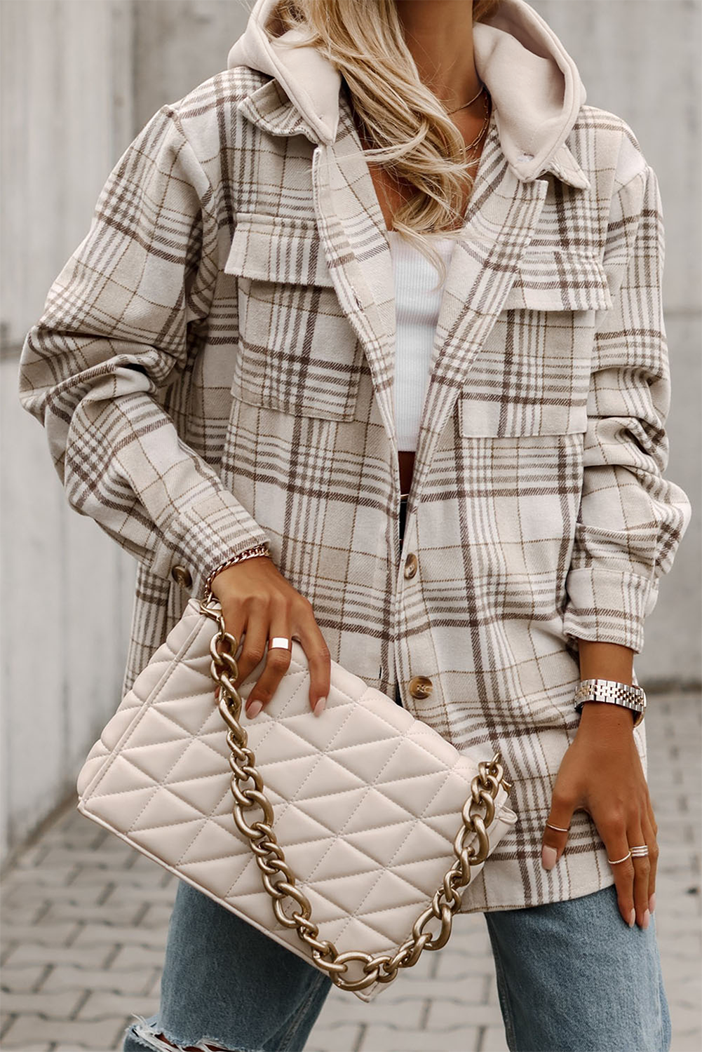 Khaki Plaid Afneembare Capuchon Geknoopte Shacket