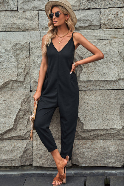 Grijze, getextureerde, mouwloze, V-hals, casual jumpsuit met zakken