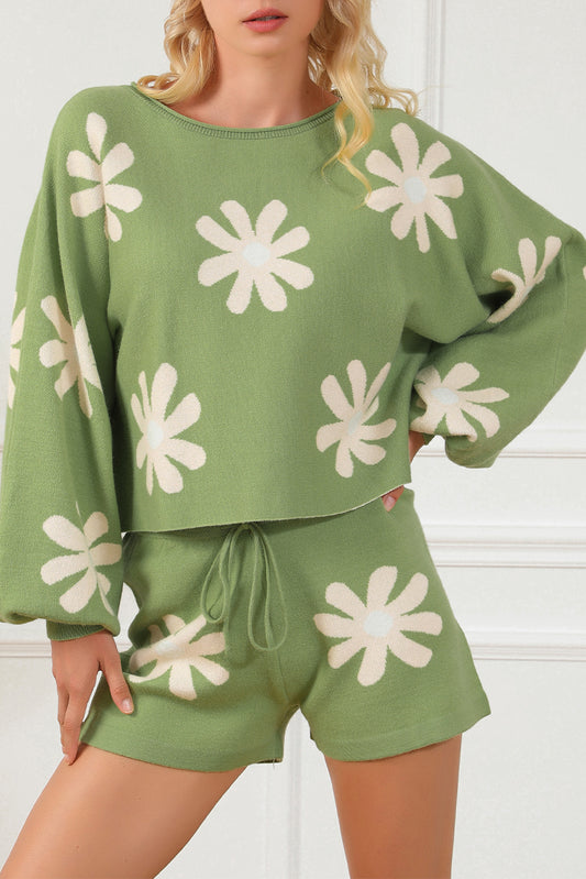 Ensemble pull et short tricotés à manches bouffantes et imprimé floral vert