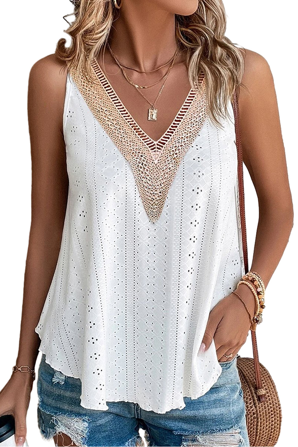 Mist Green Lace Crochet Splicing V Neck Loose Fit Tank Top