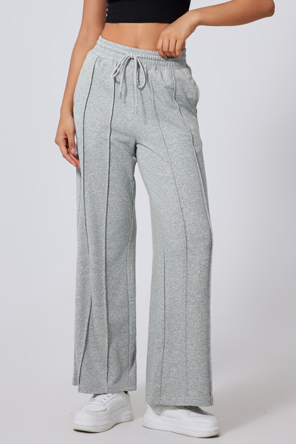 Gray Seamed Drawstring High Waist Wide Leg Sweatpants