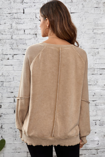 Licht Frans beige effen wafel gebreide patchwork raglanmouw sweatshirt