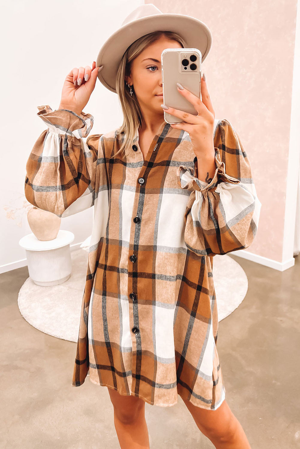 Khaki Plaid-patroon Kraag Hals Ruffle Mouw Shirt Jurk