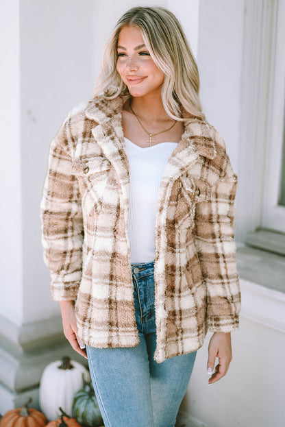 Khaki Sherpa Plaid-jas met knoopsluiting en zakken