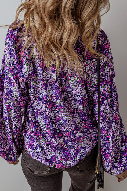 Paarse Boho Bloemen Split V Hals Bubbel Mouw Blouse