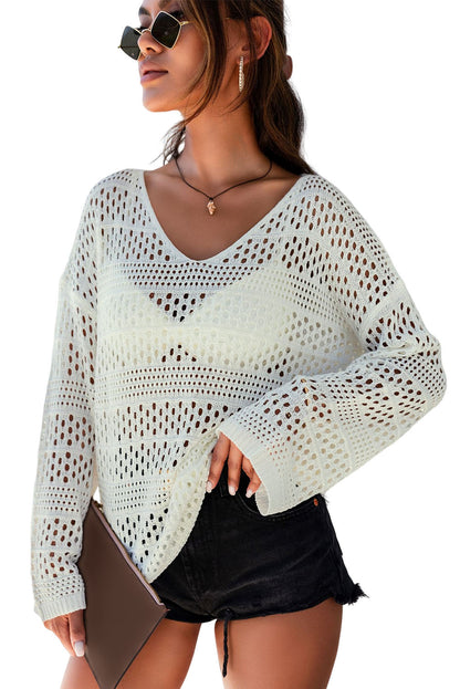 Witte Hollow Out Crochet V-hals Pullover Trui