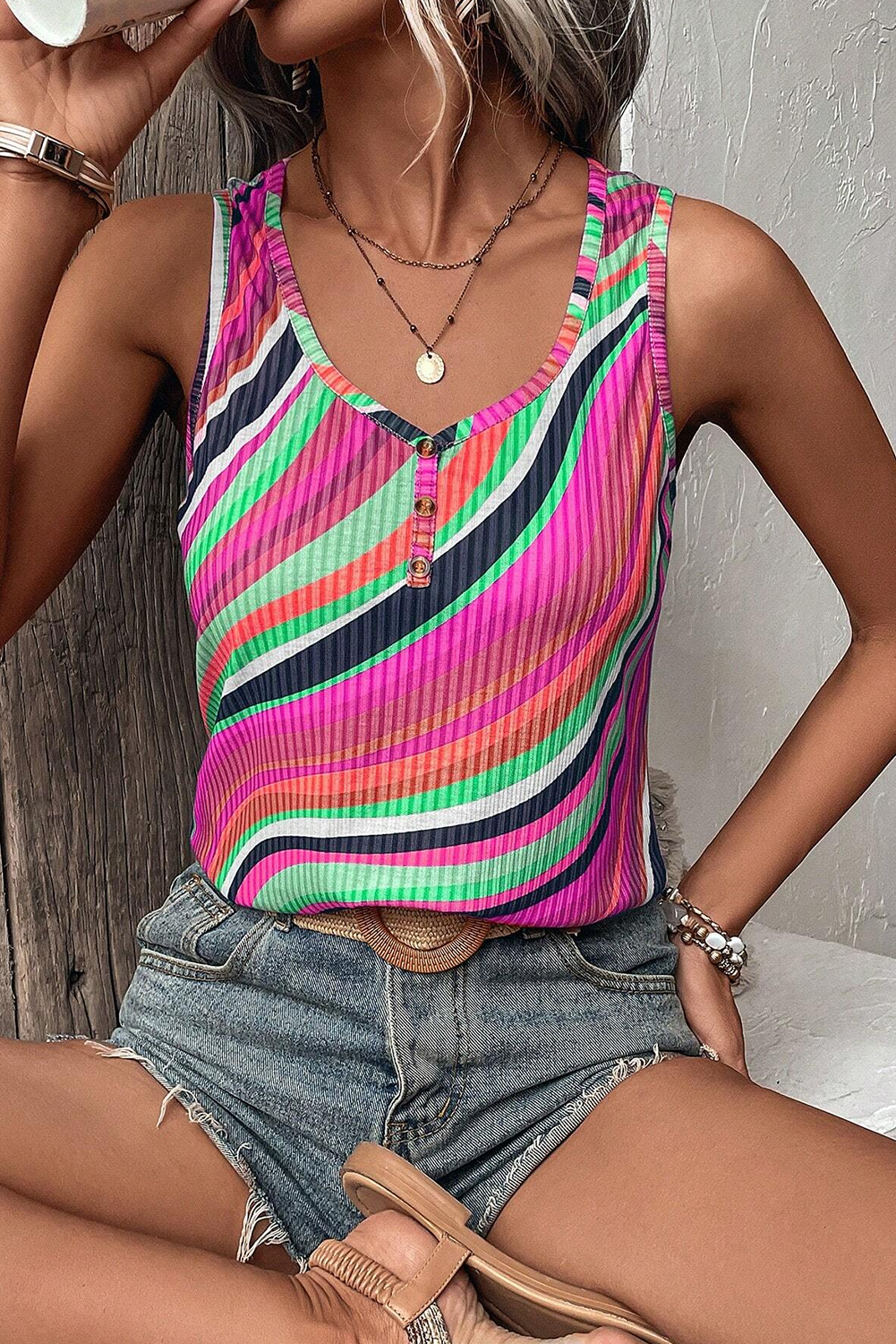 Multicolour Wavy Striped Buttoned V Neck Tank Top