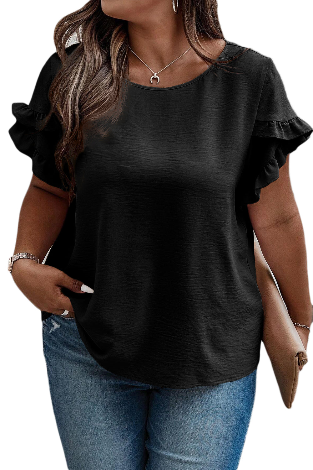 Dark Grey Ruffled Short Sleeve Plus Size Top