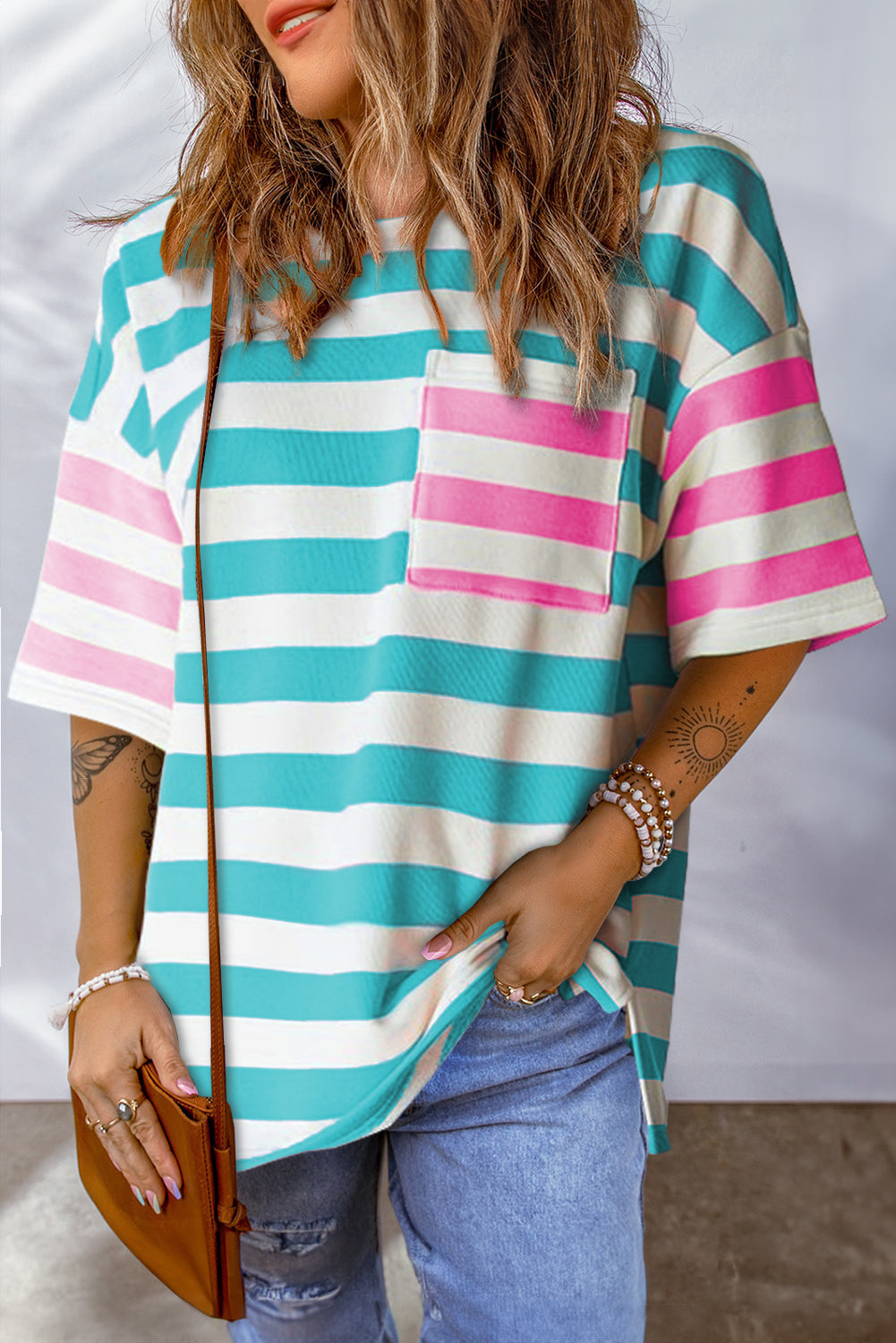 Roze streep contrast patch zak drop mouw T-shirt