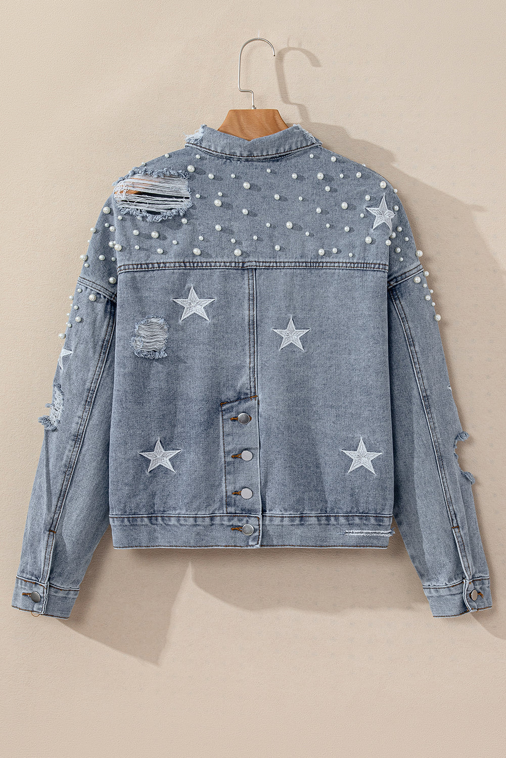 Zwarte distressed pearls ster cropped denim jack