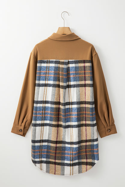 Khaki Plaid Patchwork Lange Mouw Shirt Mini Jurk