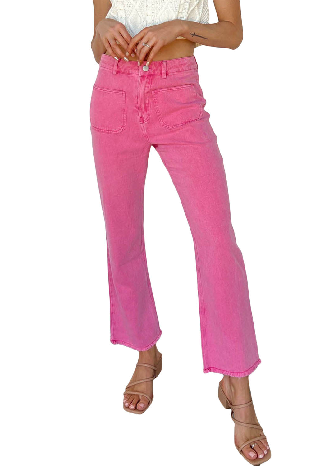 Roze enkellange flared jeans met ruwe zoom