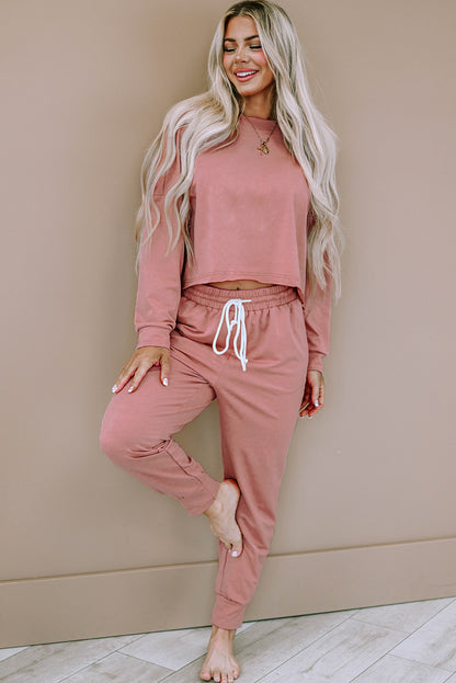 Roze effen sport boxy fit pullover en broek outfit