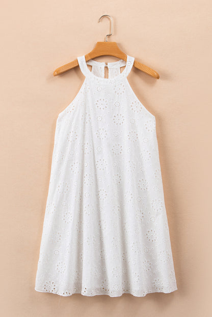 Witte Boho Halter Halter Mouwloze Jurk met Oogjespatroon