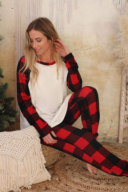 Fiery Red Plaid Raglan Sleeves Top and Drawstring Pants Lounge Set