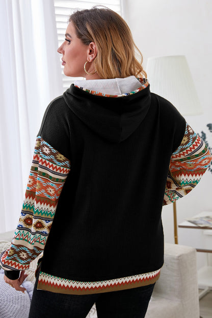 Rookgrijze Aztec Patchwork Mouw Wafel Trekkoord Plus Hoodie