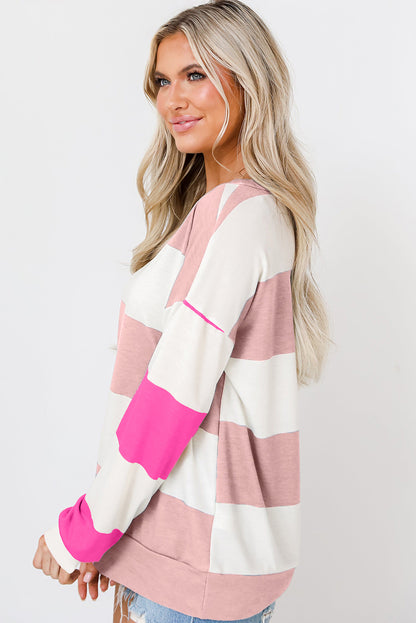 Light Blue Colorblock Striped Drop Shoulder Long Sleeve Top