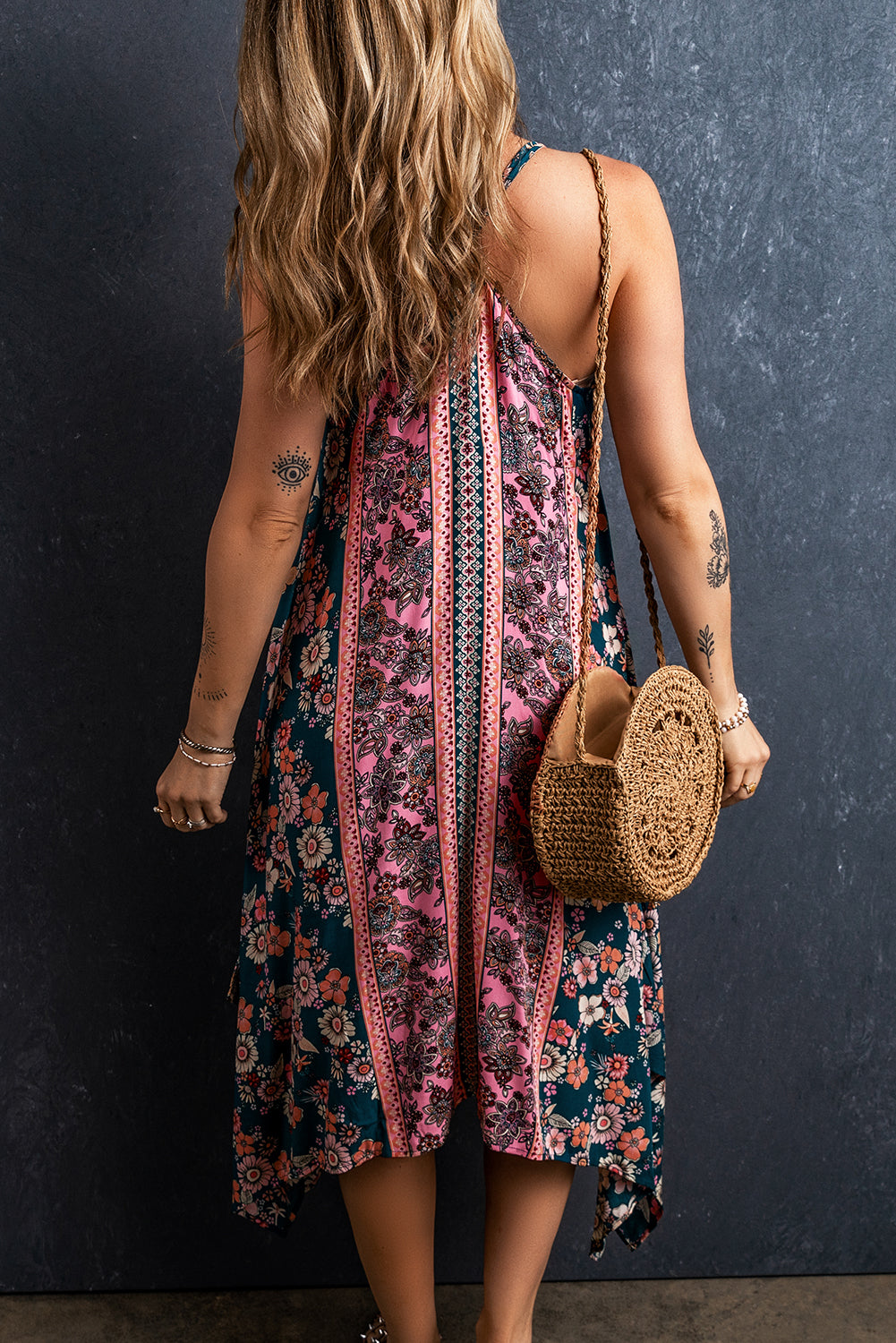 Roze Bohemian Floral Patchwork Print Lange Zomerjurk