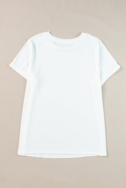 White Round Neck Rolled Sleeve Plus Size T-shirt