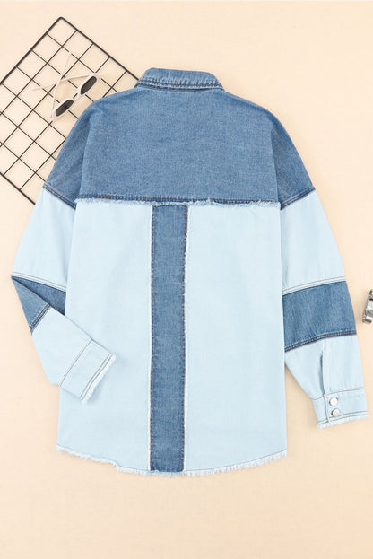 Blauwe kleurblok gerafeld patchwork oversized denim jack