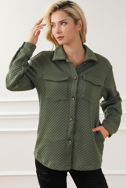 Groene Retro Quilted Flap Pocket Knoop Shacket