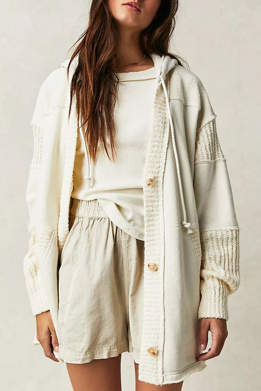 Beige Contrast Knit Patchwork Functionele Jas met Capuchon