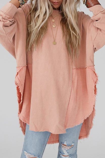 Camel Crinkle Splicing Raw Hem High Low Oversized Blouse