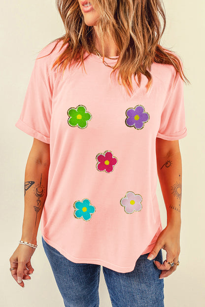 Roze glinsterende chenille bloemen patched patroon ronde hals T-shirt