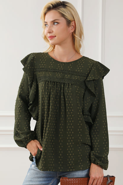 Zwartgroene kanten blouse met ruches op de schouder en lange mouwen