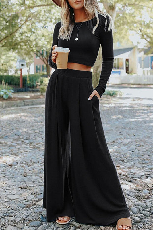 Ensemble haut court côtelé noir uni avec pantalon long