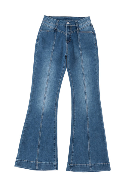 Blauwe jeans met hoge taille en naden en stiksels en flared zakken