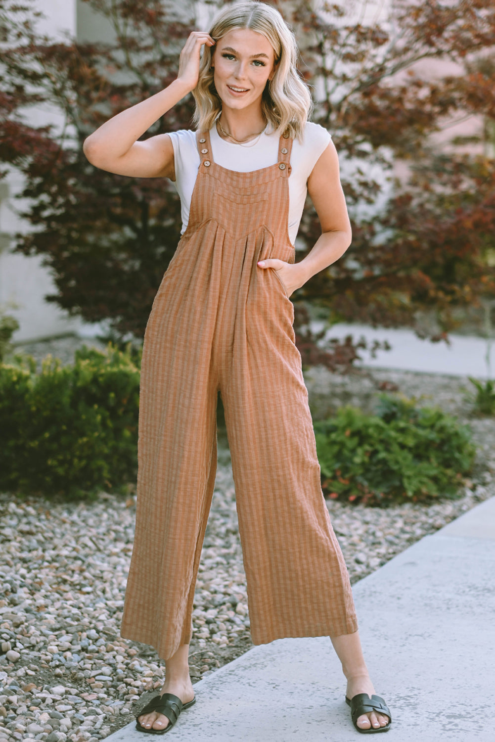 Black Striped Pleated Wide Leg Pocketed Jumpsuit