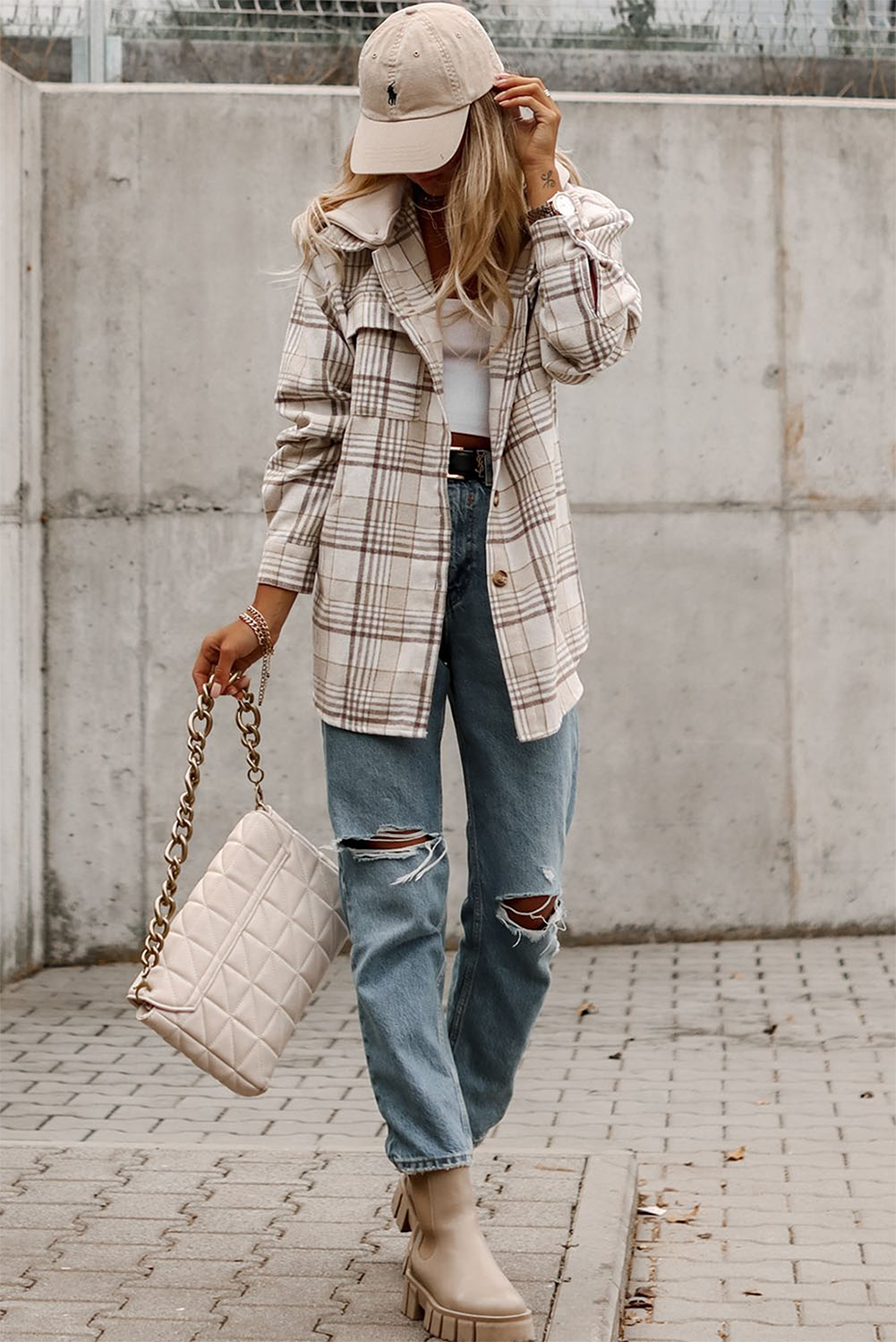 Khaki Plaid Afneembare Capuchon Geknoopte Shacket