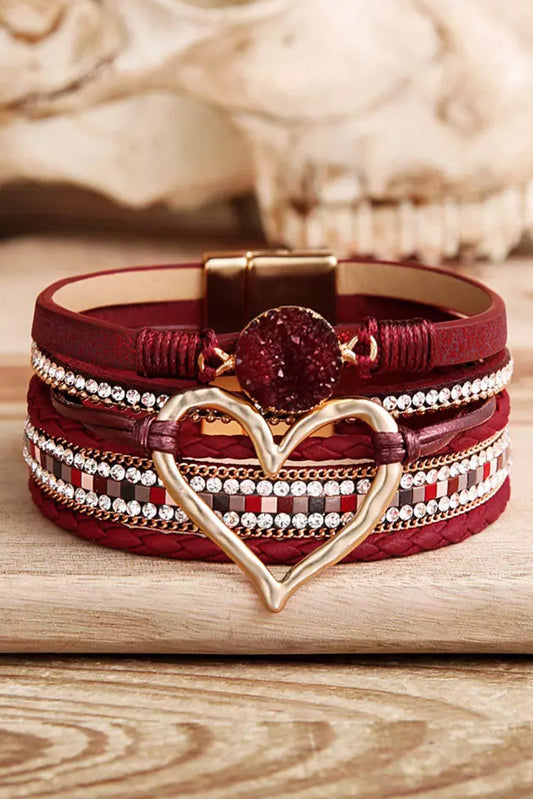 Bracelet superposé en forme de cœur avec strass rouge ardent pour la Saint-Valentin