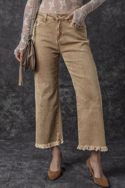 Lichte Franse beige acid washed high rise cropped wijde pijp jeans