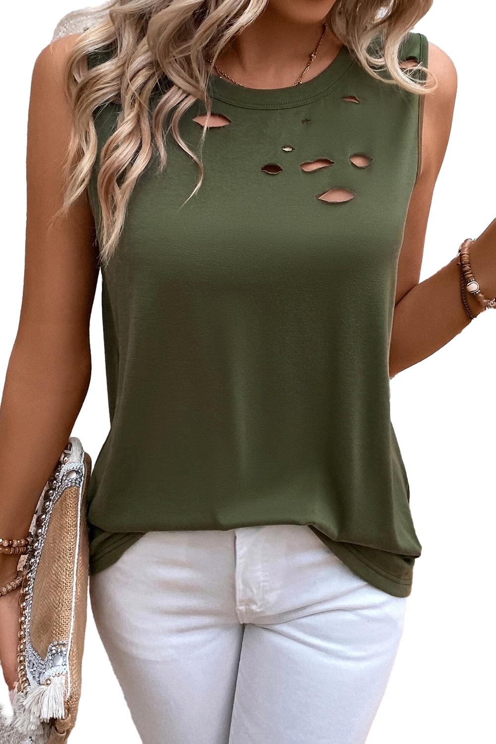 Jungle groene effen kleur noodlijdende tanktop met ronde hals