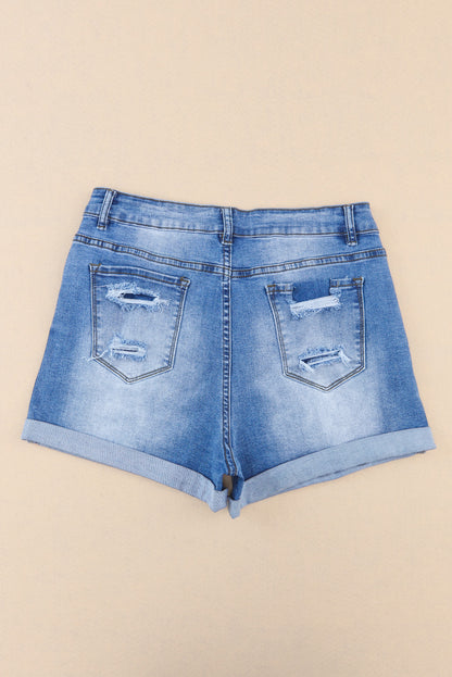 Sky Blue Vintage Distressed High Waist Pocket Denim Shorts