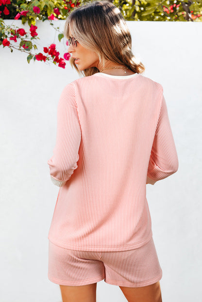 Roze Corded Colorblock Top met lange mouwen en shorts set