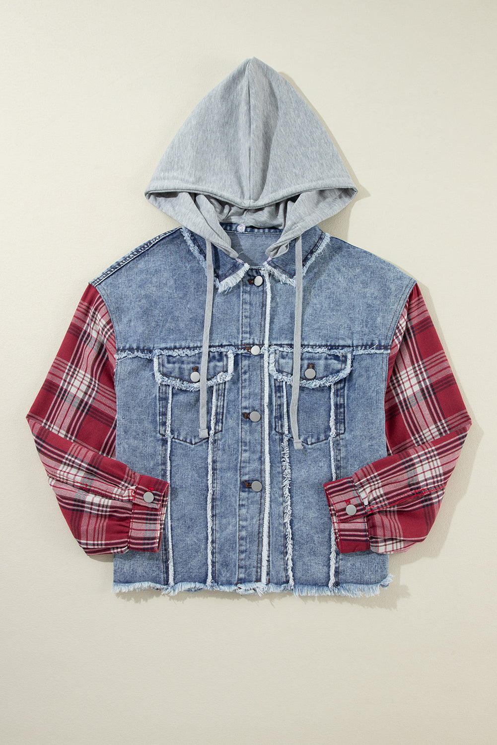 Beau Blue Plaid Print Patchwork Hooded Raw Hem Denim Jack