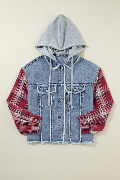 Beau Blue Plaid Print Patchwork Hooded Raw Hem Denim Jack