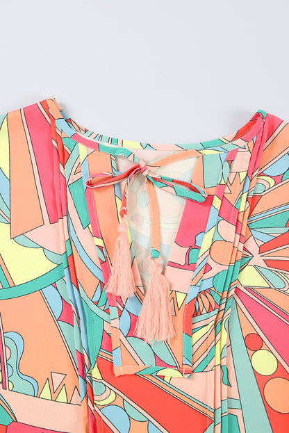 Multicolor Abstract Geometrisch Print Kwastje Strik Uitlopende Jurk