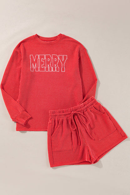 Racing Red Corded MERRY Grafische Lange Mouw Top en Shorts Set