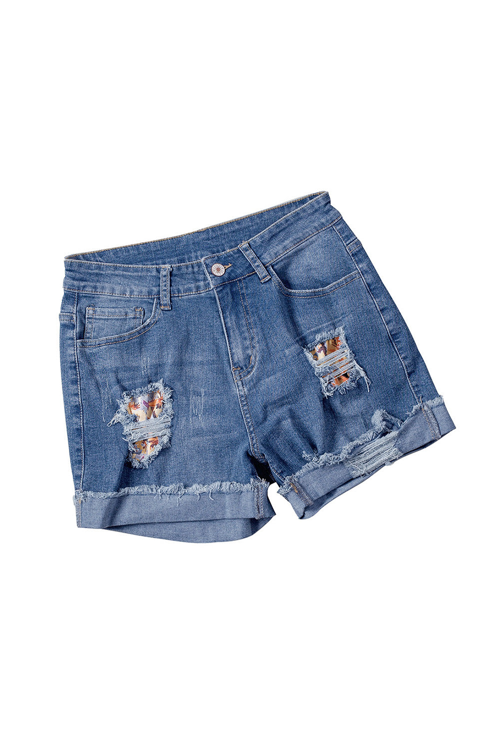 Casual denim shorts met bloemenpatchwork en opgerolde zoom